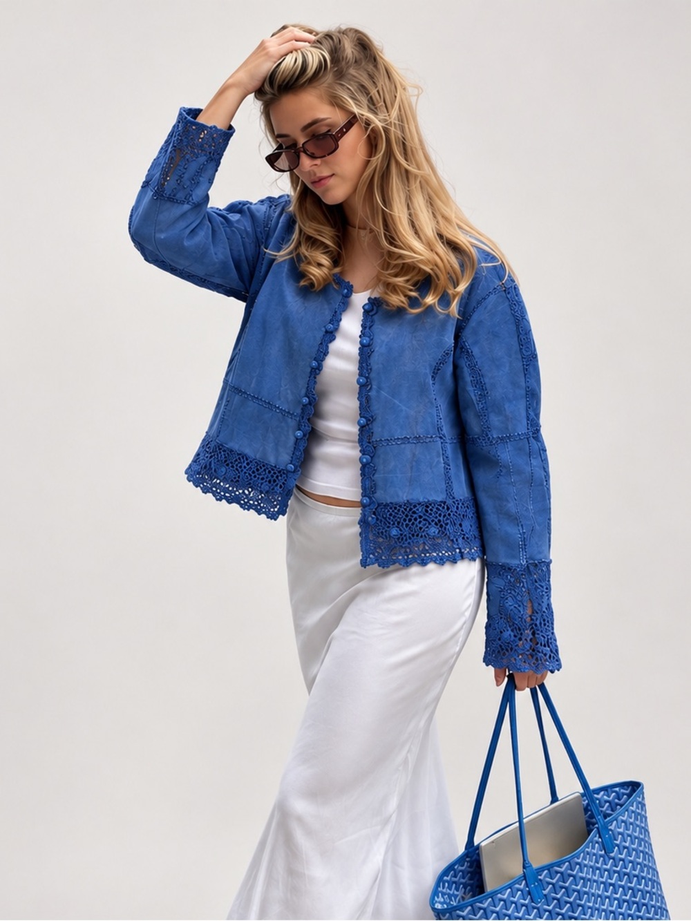 Vintage Suede and Crochet Patchwork Jacket Cobalt Blue Size L